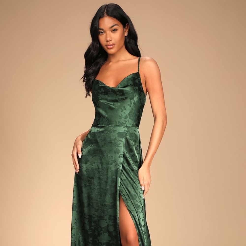 Simply Dreamy Emerald Green Satin Floral Jacquard Maxi Dress